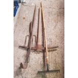 LONG HANDLED FUR RAKE, PICK AXE, FUR FORK WITH BROKEN HANDLE& 1 OTHER