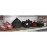 2 SHELVES OF MIXED CHINA WARE INCL; MEAT PLATES, TEA POTS, COFFEE POTS & DANSK TAGINE