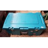 PLASTIC TURQUOISE STORAGE TRUNK ON WHEELS