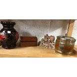 OAK & PLATED BISCUIT BARREL, WEST GERMAN POTTERY VASE, ORIENTAL STONE CARVING, SMALL DOMED WOODEN