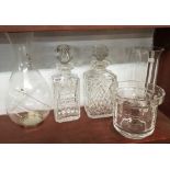 2 CUT GLASS DECANTERS, 2 DARTINGTON VASES & 1 OTHER