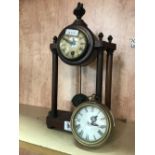 WOODEN 4 PILLAR MANTLE CLOCK WITH JUNGHAN MOVEMENT & 1 OTHER IN SHAPE OF A POCKET WATCH