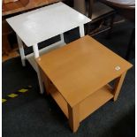 WHITE PAINTED 2 TIER TROLLEY TABLE & A MODERN BEECH COLOURED 2 TIER TABLE