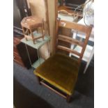 GREEN PAINTED LOOM STYLE PLANT STAND, SMALL BAMBOO STAND & MAHOGANY DINING CHAIR