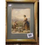 VICTORIAN WATERCOLOUR OF A MOTHER A CHILD IN A MOORLAND LANDSCAPE