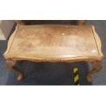 CARVED OAK & WALNUT COFFEE TABLE WITH GLAZED TOP