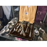 SHELF OF PLATED CUTLERY INCL; CADDY SPOONS