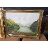 GILT FRAMED MIRROR WITH BEVELLED EDGE & GILT FRAMED LAKE SCENE