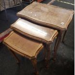 WALNUT NEST OF 3 RETRO TABLES WITH CARVED LEGS & GLASS TOPS