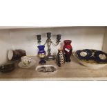 SHELF OF GLASS VASES, CHINAWARE & CANDLE STICK