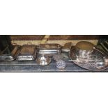 SHELF CONTAINING 3 PLATED METAL TUREEN DISHES, CIGARETTE BOX, PLATED TRAY WITH PLATED PLACE MAT &