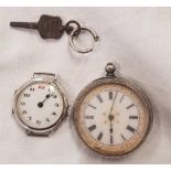 DECORATIVE SIL POCKET WATCH WITH ENAMEL FACE & KEY PLUS SMALL SIL WRIST WATCH (NO STRAP)