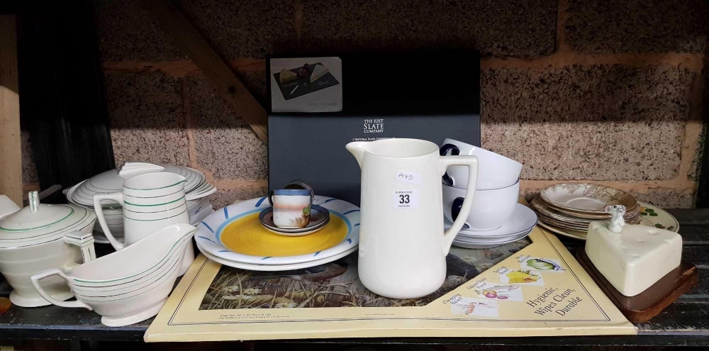 SHELF WITH BRITISH ANCHOR CHINAWARE, SLATE CHEESE BOARD & OTHER CHINA