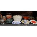 SHELF WITH QTY OF URBAN WARE & GLAZED DISHES, BOWLS & CROCK POT