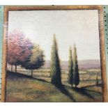 3 PICTURES ON CANVAS; LANDSCAPE WITH TREES AND TWO STILL LIFE'S OF LEAVES
