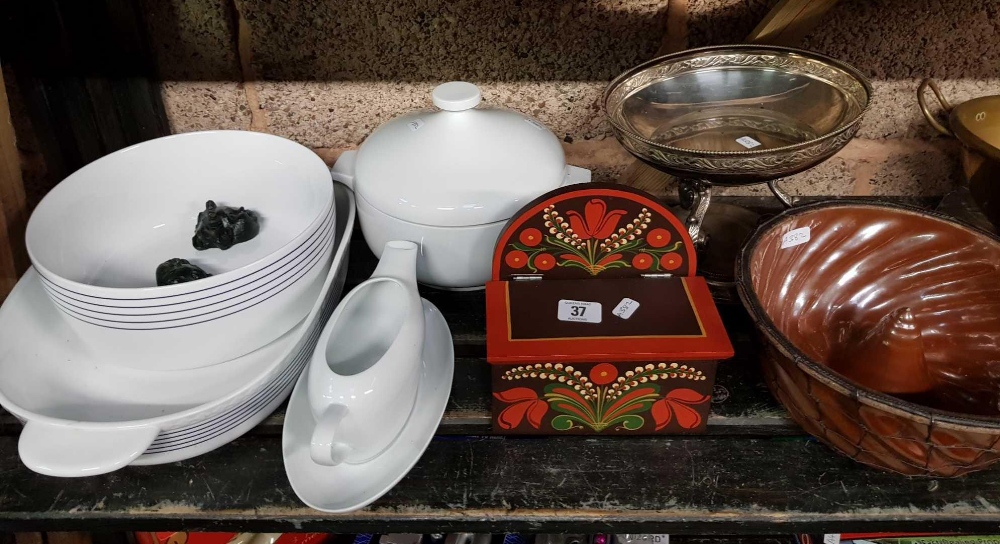 SHELF WITH BRASS BOWL, FLAT IRON, LARGE JELLY MOULD, PLATED CENTRE PIECE & A SPICE BOX