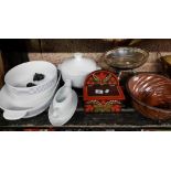 SHELF WITH BRASS BOWL, FLAT IRON, LARGE JELLY MOULD, PLATED CENTRE PIECE & A SPICE BOX