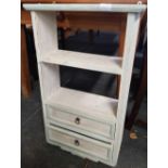 PAINTED PINE HANGING WALL SHELVES WITH PAIR OF DRAWERS