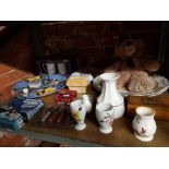 SHELF OF MISC CHINAWARE & BRIC-A-BRAC INCL; A TEDDY BEAR, MUSICAL TRINKET BOX, POCKET WATCH, WRIST