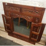 INDONESIAN CARVED WOODEN OVER MANTEL MIRROR WITH SHUTTERS
