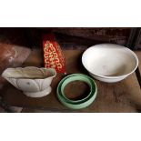 CREAM COLOURED DARTMOUTH VASE, WASH BOWL, BRENTLEIGH WARE POSIE HOLDER & RED GLAZED PYRAMID LAMP