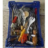 SMALL CARTON OF KITCHEN UTENSILS, WHISKS, KNIVES ETC