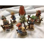 SHELF OF 5 GOEBEL FIGURINES & A ROBIN REDBREAST