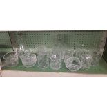 2 SHELVES OF GLS, BOWLS, DECANTERS & STOPPERS ETC