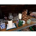 SHELF WITH GLASS WARE, VASES, QTY OF CARVED WOODEN EGGS, CANDLE LAMP HOLDER & GLASS DISPLAY SHELF