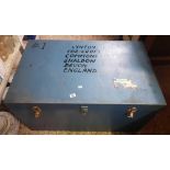 BLUE METAL STORAGE TRUNK WITH HANDLES