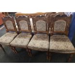 SET OF 4 CARVED OAK & UPHOLSTERED EDWARDIAN DINING CHAIRS WITH CASTERS