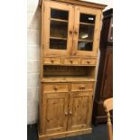 GLAZED NARROW STRIPPED PINE KITCHEN DRESSER WITH CUPBOARDS, DRAWERS & SHELVING (2FT 10'' WIDE X