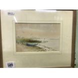3 WATERCOLOURS. BEACHED SAILING BOAT SIGNED AND DATED, VIEW OF THE MARKET HALL CHIPPING CAMDEN,