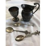 SMALL SIL MILK JUG, SIL EGG CUP & SPOON PLUS OTHER METAL ITEMS