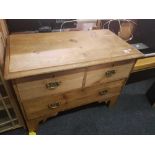 VICTORIAN STRIPPED PINE CHEST OF 1 LONG & 2 SHORT DRAWERS WITH BRASS DROP HANDLES 2FT 10'' WIDE