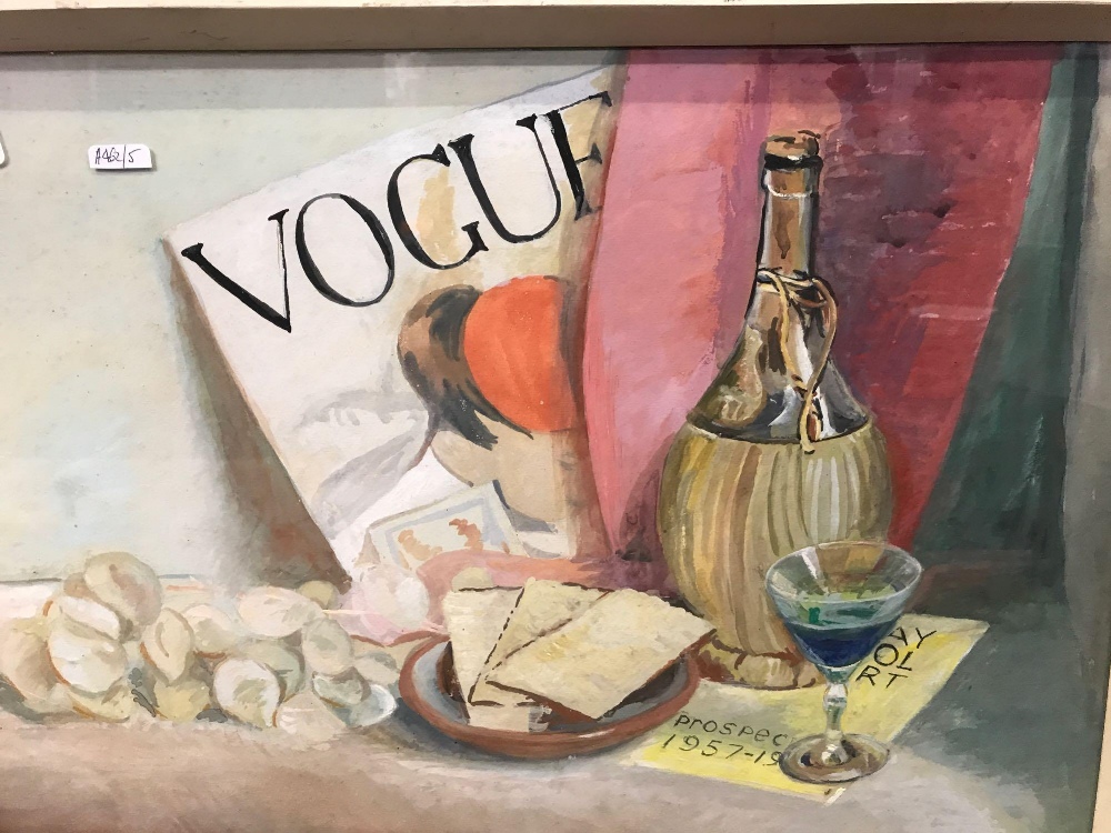 STILL LIFE PAINTING OF A CARAFE, GLASS AND OTHER ITEMS ON A TABLE, SIGNED