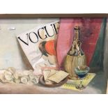 STILL LIFE PAINTING OF A CARAFE, GLASS AND OTHER ITEMS ON A TABLE, SIGNED