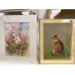 WATERCOLOURS OF A KITTEN IN A FUR TOGETHER WITH ANOTHER OF A CAT AMONGST FLOWERS BOTH SIGNED AND