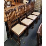 SET OF 4 1930's CARVED OAK STICK BACK DINING CHAIRS WITH BARLEY TWIST FEATURES