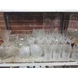 SHELF OF MIXED GLASS WARE INCL; WINE GLASSES