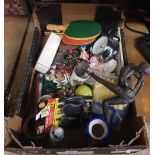 CARTON OF MISC BRIC-A-BRAC INCL; AN ALARM CLOCK, ETHNIC MASK & TABLE TENNIS BATS