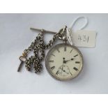 A gents silver pocket watch with seconds dial and metal albert and key