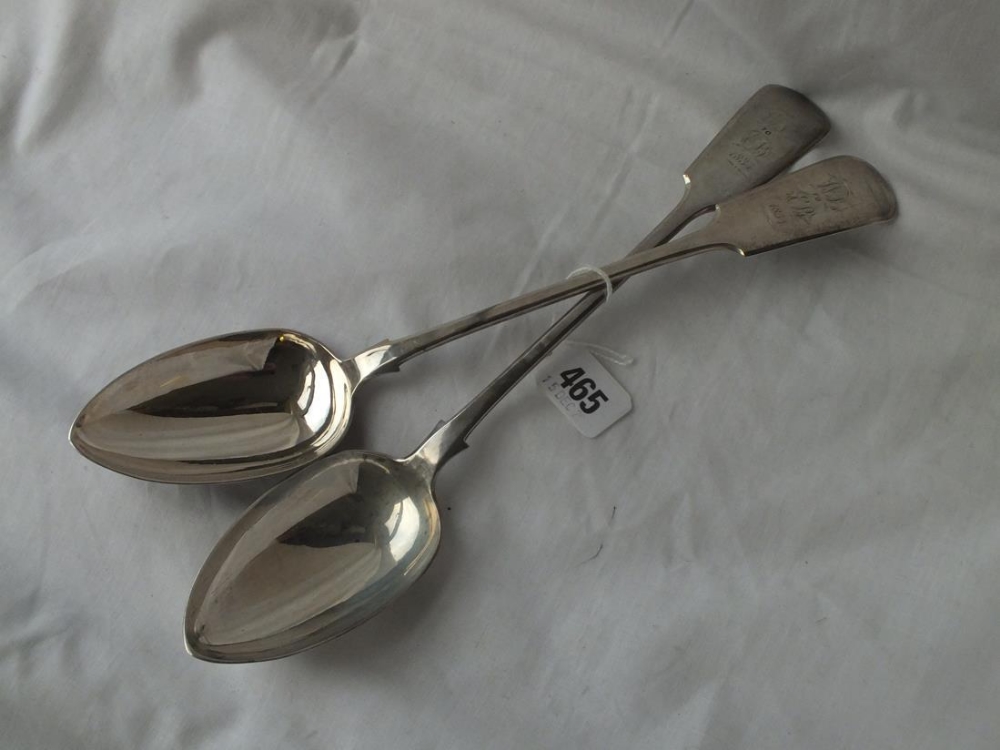 A heavy pair of large Victorian Exeter fiddle pattern basting spoons - 1855 by J. Stone - 252 gms.