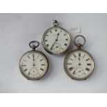 A bag containing three silver pocket watches, all with seconds dials
