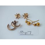 Three pairs of 9ct earrings - 2.4gms