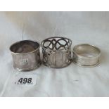 A group of three various napkin rings (one unmarked)