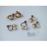 Three pairs of pearl set earrings in 9ct