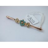 A pearl, turquoise & diamond brooch in 15ct gold - 3.4gms