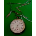 A gents silver pocket watch with seconds dial, cracked glass and with metal Albert
