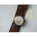 A silver trench-style wristwatch on leather strap